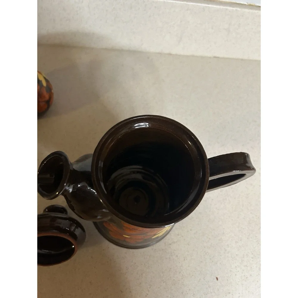 Vintage 70's Hand painted Tea/coffee Pot With Sugar Bowl Clay‎ Glazed Flowers